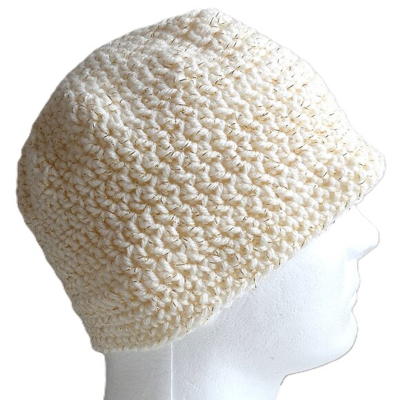 Ivory Beanie OS Gold Sparkle Skull Cap Winter Hat Handmade Crochet Hand Knit 8" - Picture 1 of 9